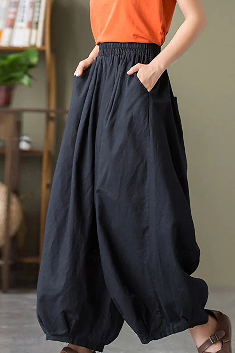 Per donna Pantaloni in cotone e lino Culotte Moda Streetwear Lunghezza intera Naturale Semplice Tasca Elastico in vita Comodo All'aperto Confortevole Vacanza Weekend Marrone rossastro Nero Verde del 2025 a $32.99 –P13
