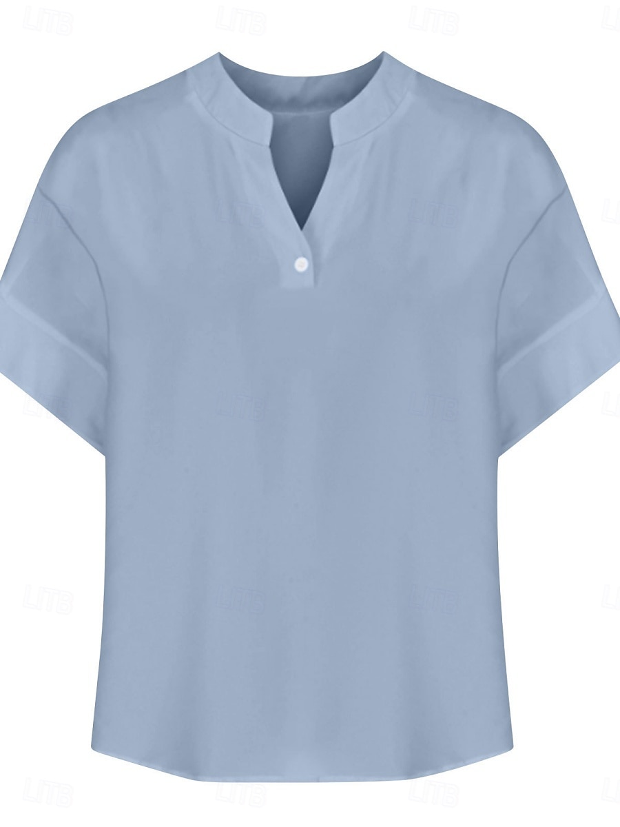 Dames Blouse Effen Basic Casual Korte mouw Gekerfde nek Normale tops Dagelijks Knop Zak Rood blauw Paars Beige Zomer Lente 2025 - $19.99 –P3
