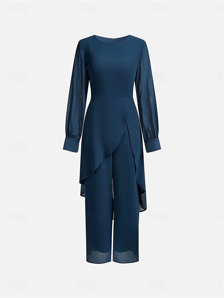 Conjunto Mãe da Noiva Clássico Decote Redondo Barra Assimétrica Manga Longa em Chiffon com Cor Sólida de 2025 por $89.99 –P5
