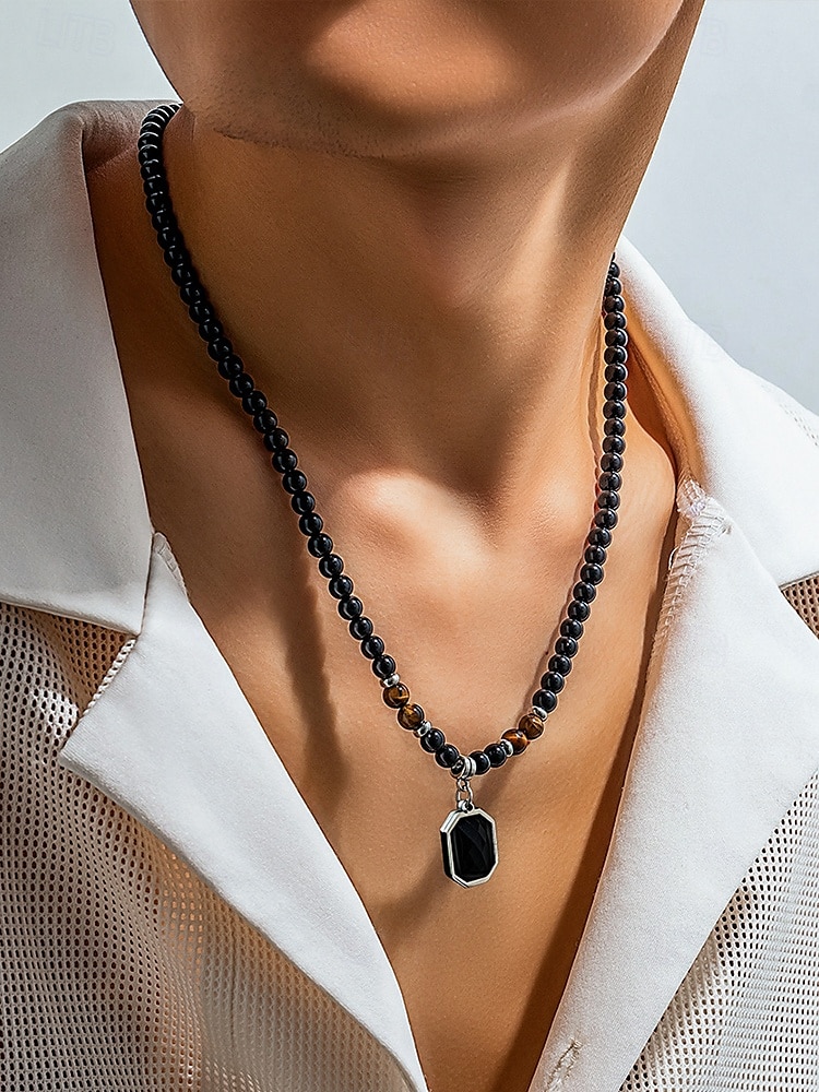 Men's Black Onyx Beaded Necklace with Tiger Eye Accents and Silver Pendant – Stylish Gift for Casual and Formal Occasions 2025 - $9.99 –P1