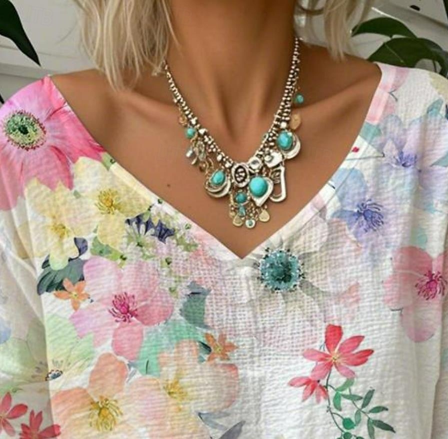 Dame Bluse Blomstret Grafisk Årgang Tropisk Stilfull 3/4 ermer V-hals Vanlige topper Hvit Gul Rosa Blå Grønn Sommer Vår 2025 - $24.99 –P2