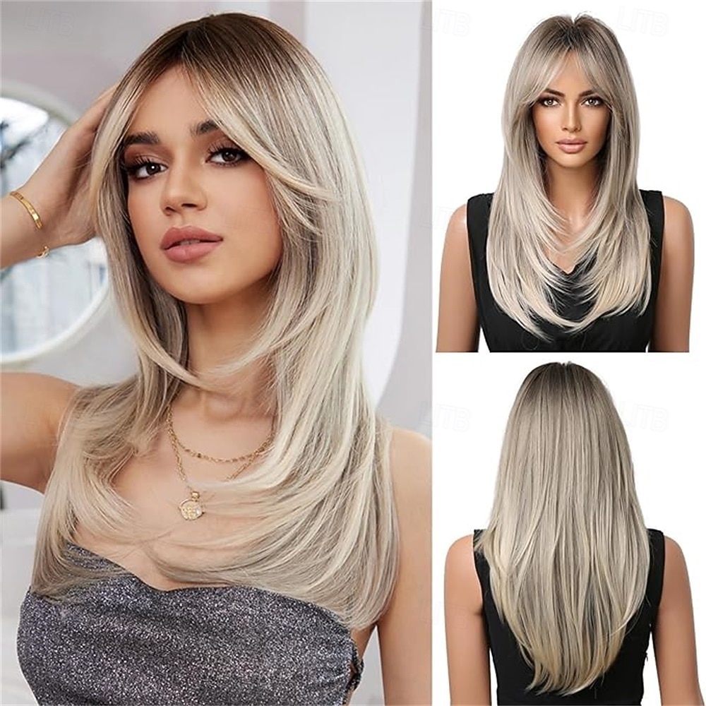20 palců dlouhé rovné blond vrstvené syntetické paruky pro ženy s tmavými kořínky pro každodenní párty 2025 - $28.99 –P6