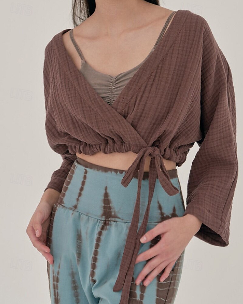 Dame Linskjorte Bluse عادي Fritid Langermet V-hals Crop Tops Daglig Ut på byen knyte foran Hvit Gul Brun Sommer 2025 - $36.99 –P10