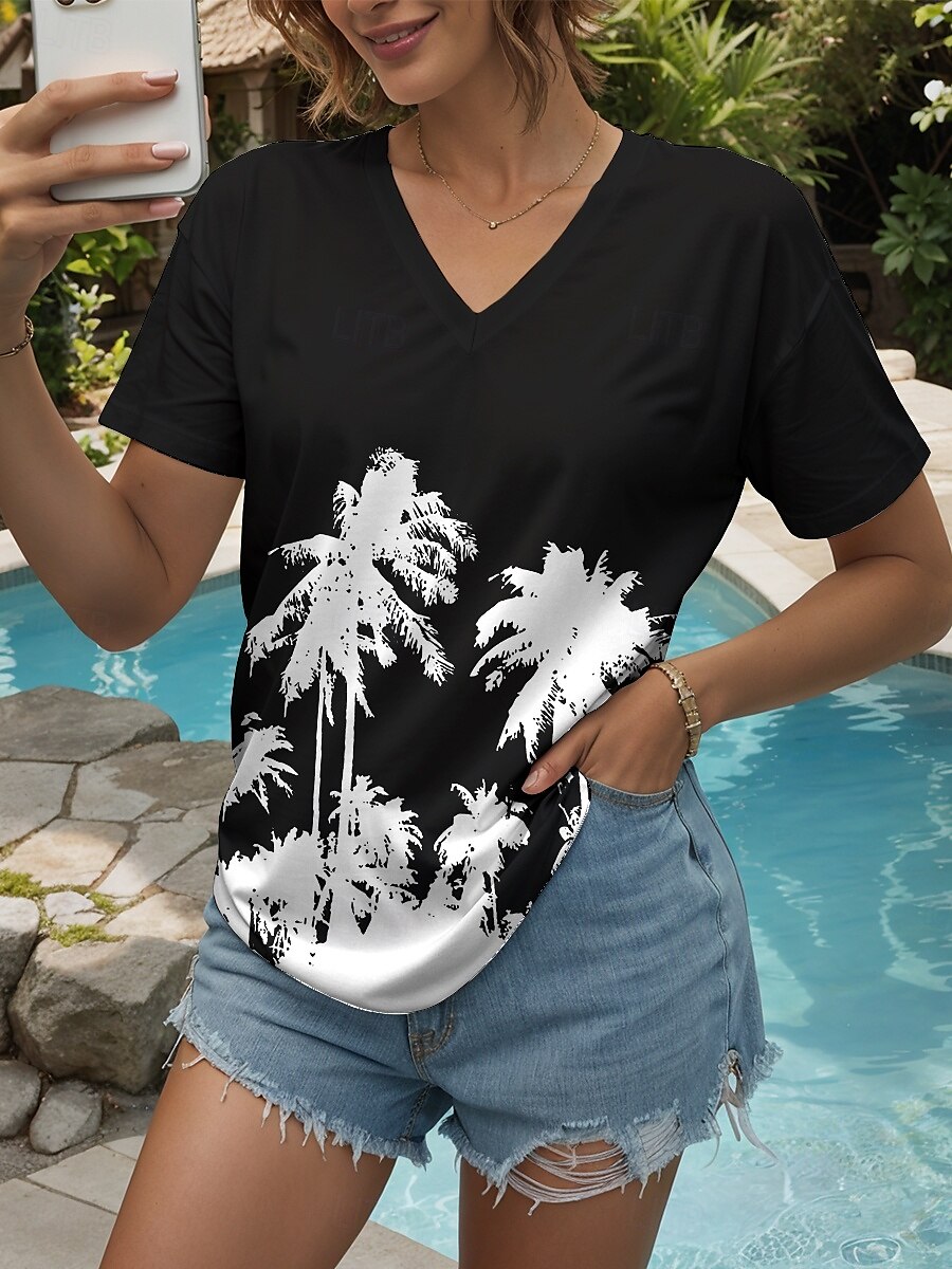 Femmes T-shirt Graphique Plantes ancien Élégant Classique Manche Courte Col en V Hauts Réguliers Quotidien Sortir Week-end Imprimé Noir Blanche Été Printemps de 2025 ? $19.99 –P5