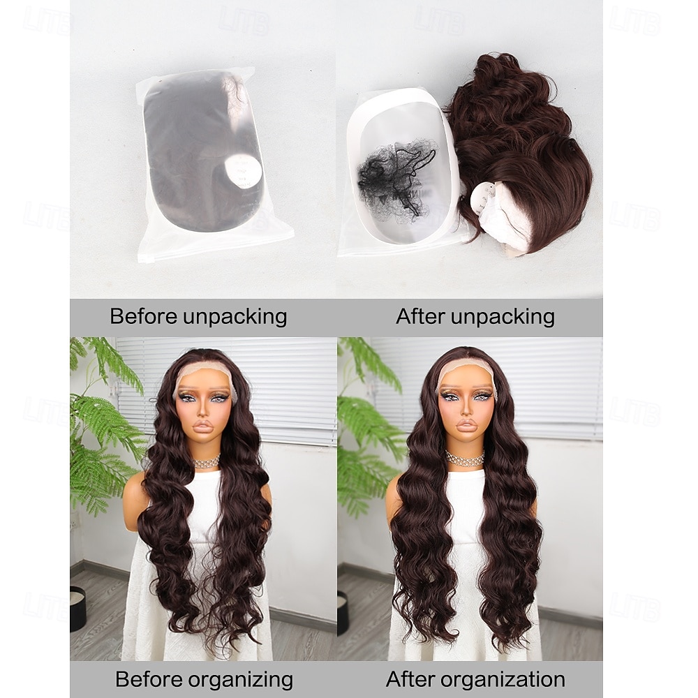 2025年 合成レースウィッグ ウェーブ スタイル 30 インチ ブラウン ミドル部 13x4レースフロント かつら 女性用 かつら ダークブラウン  コレクション – $77.99 –P9