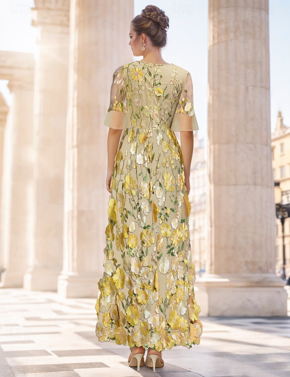 Pink Yellow A-Line Cocktail Dresses Gown Formal Wedding Guest Floral Elegant Ankle Length Short Sleeve Illusion Neck Tulle with Embroidery Appliques 2025 2025 - $156.99 –P2