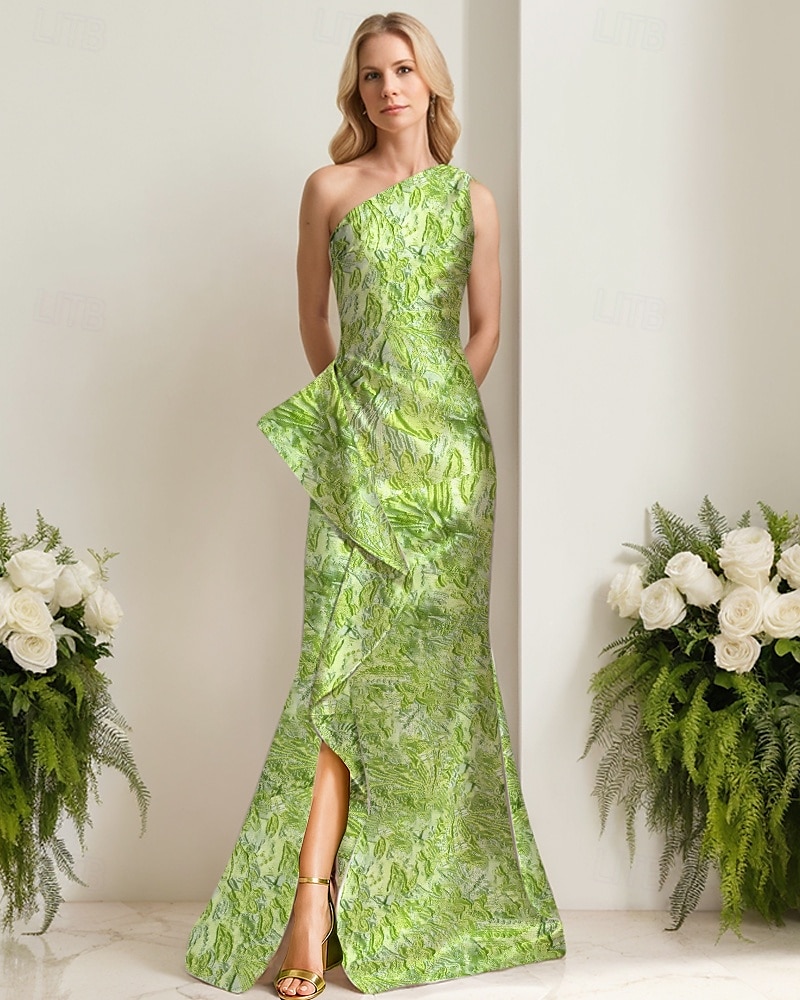 Vestido de Evening Sereia Jacquard Alta Fenda Vestido Derby Formal Convidada de Casamento Comprimento do Chão Sem Mangas Um Ombro Cinto  Faixa Cetim com Babados Fenda Vestido de Convidada de de 2025 por $154.99 –P1