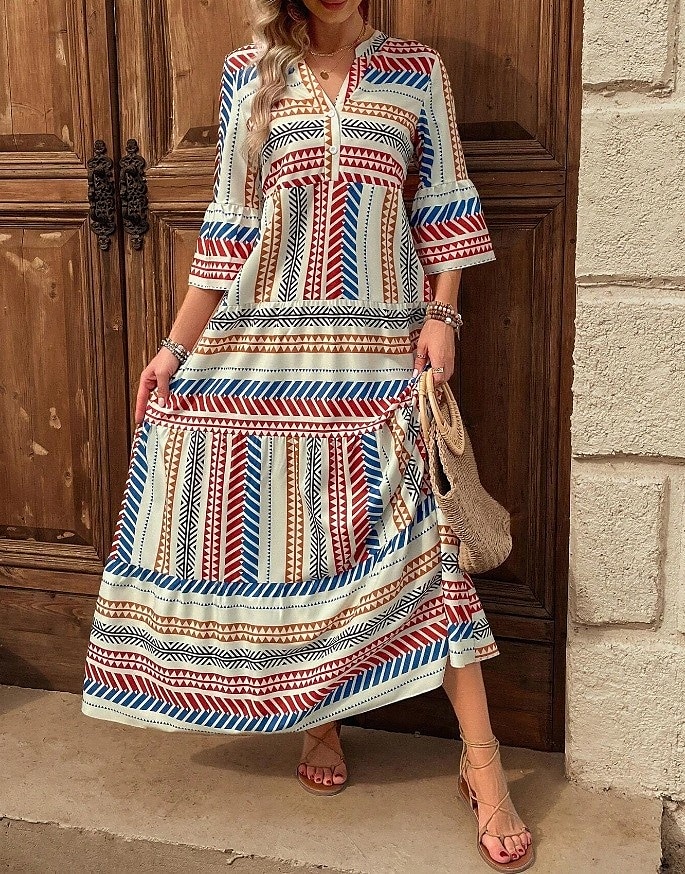 Dame Maxikjole Solkjole Kjole med A-linje Fit And Flare Dress Ferie Fritid Bohem utendørs Fest Ut på byen Normal Grafisk Geometrisk Stamme Ermeløs V-hals Rød Blå Grønn Sommer Vår 2025 - $36.99 –P1