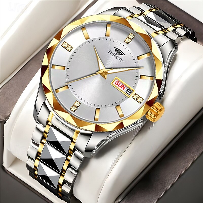 teranv-merkkinen muodikas miesten kvartsikello, jossa rombikuvioinen IPX7-vedenpitävä kaksoiskalenteri, valoisa teräsnauhakello, yrityskäyttöön 2025 - $12.99 –P1