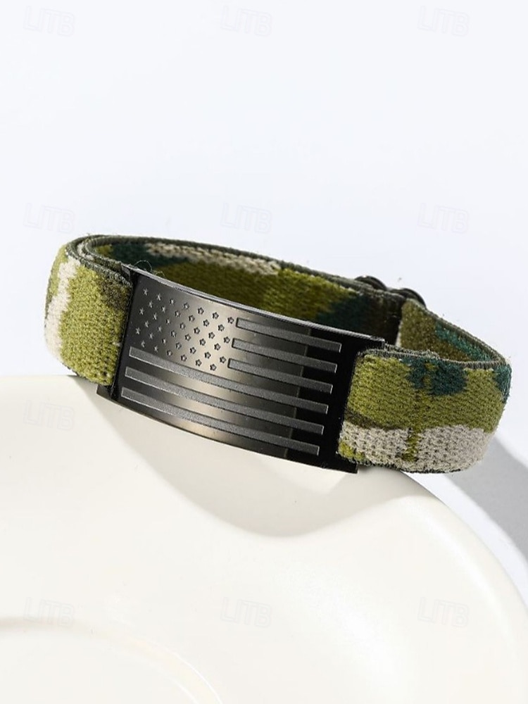 Pulsera ajustable con bandera estadounidense para hombre: correa de nailon elástica con placa de acero inoxidable, pulsera de estilo patriótico para el Día de la Independencia, veteranos y ropa informal diaria. 2025 - $14.99 –P5