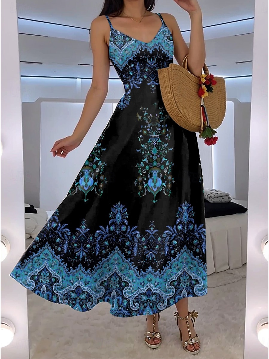 Women's Maxi Dress A Line Dress Slip Dress Vacation Casual Boho Going out Beach Regular Fit Floral Graphic Paisley Sleeveless V Neck Black Red Blue Purple Summer Spring 2025 - $34.99 –P2