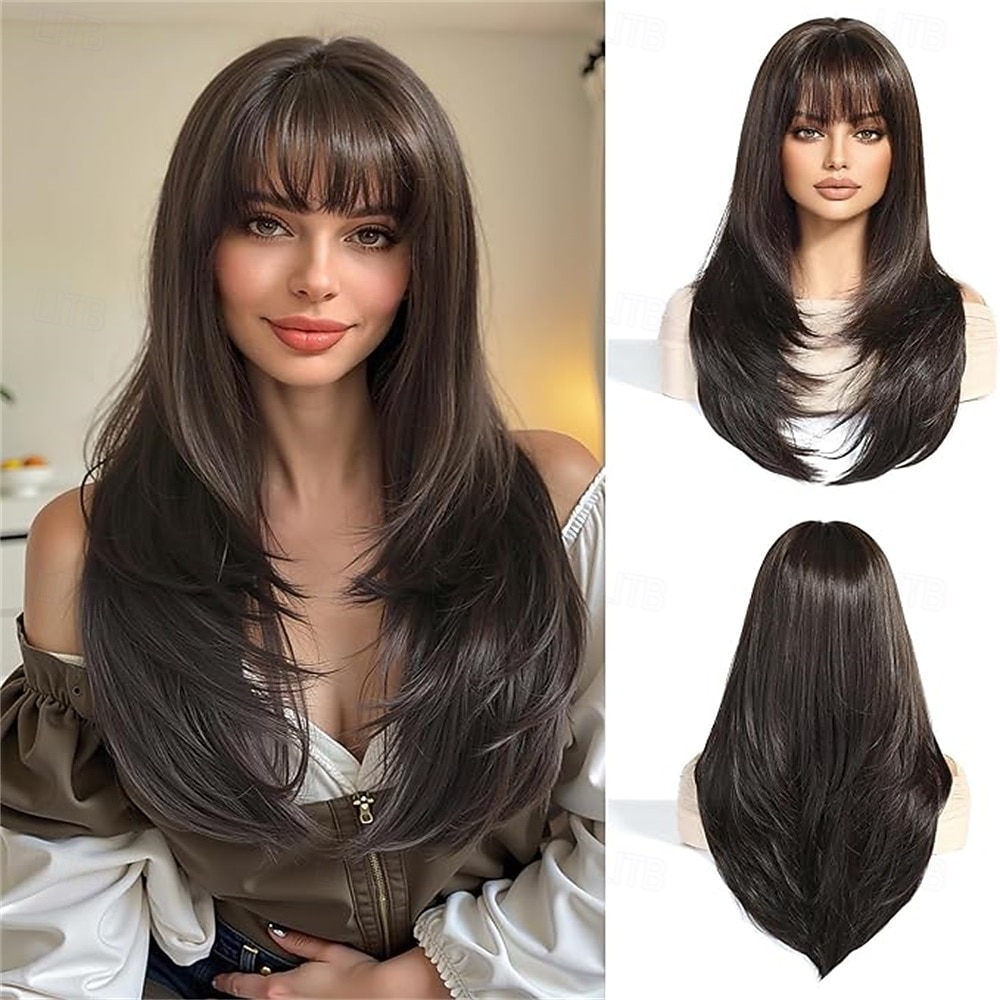 Parrucche lunghe e lisce in rame per donne, parrucche sintetiche naturali con effetto ombré e frangia per l'uso quotidiano alle feste del 2025 a $28.99 –P5