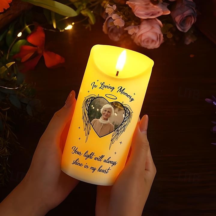 Vela LED conmemorativa personalizada, foto personalizada, regalos de condolencia por la pérdida de seres queridos, vela con alas de ángel, elegante luz de recuerdo para dormitorio, decoración del 2025 - $16.49 –P3