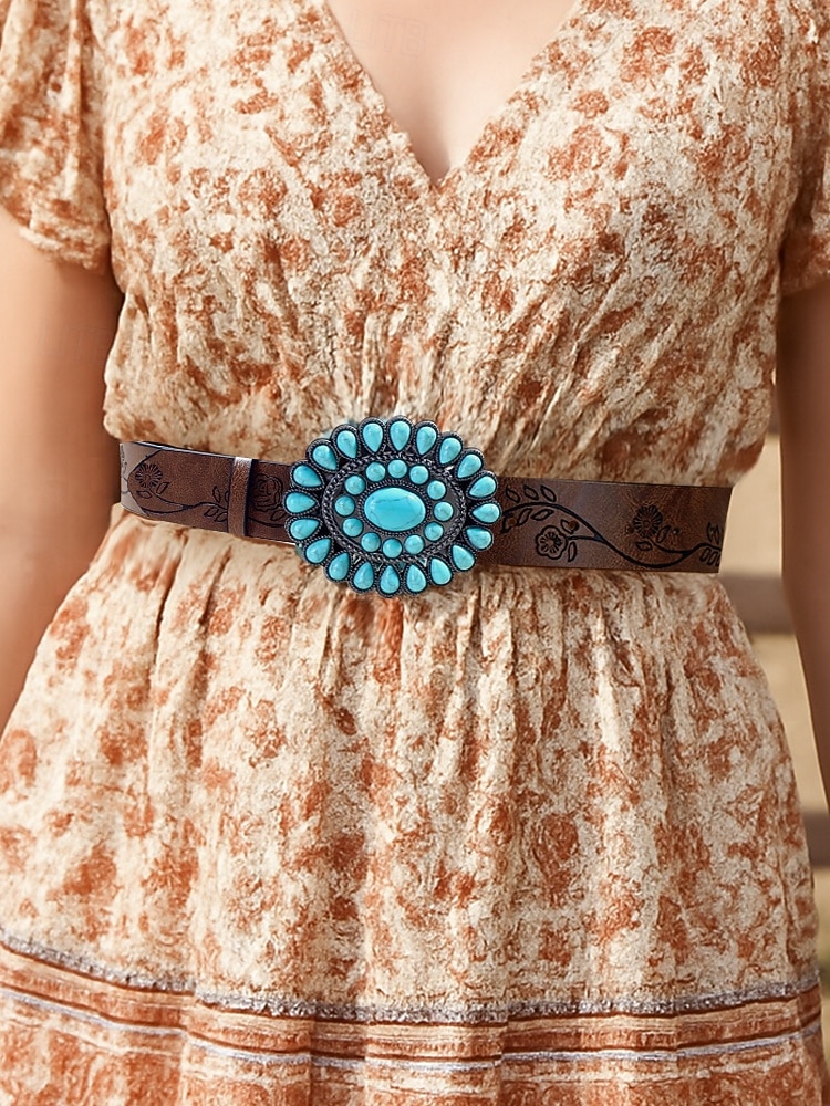 حزام نسائي غربي فيروزي اللون - حزام خصر من الجلد الصناعي منقوش بالورود للروديو والمهرجانات وأزياء البوهو والملابس الكاجوال 2025 - $18.99 –P2
