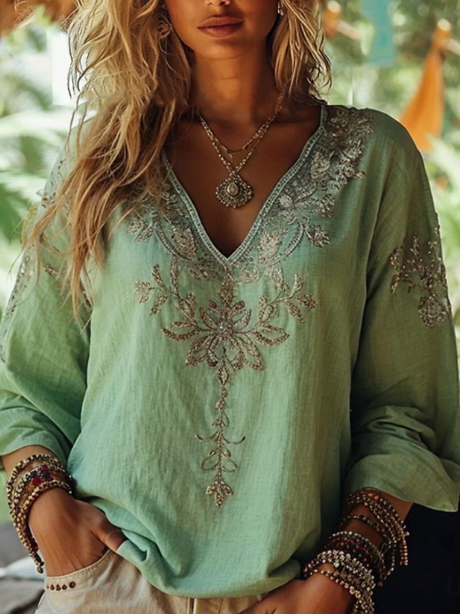 Femmes Chemisier Fleuri Graphique Paisley Bohème ancien Tropical Manche 3/4 Col en V Hauts Réguliers Froncé Broderie Imprimé Rose Claire Bleu Violet Vert Été Printemps de 2025 ? $24.99 –P1