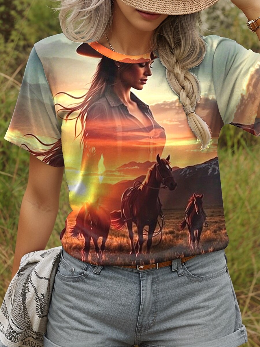 Kentucky Derby Women's T Shirt Graphic Animal Scenery Western Casual Short Sleeve Crew Neck Round Neck Regular Tops Daily Print Orange Summer 2025 - $19.99 –P1