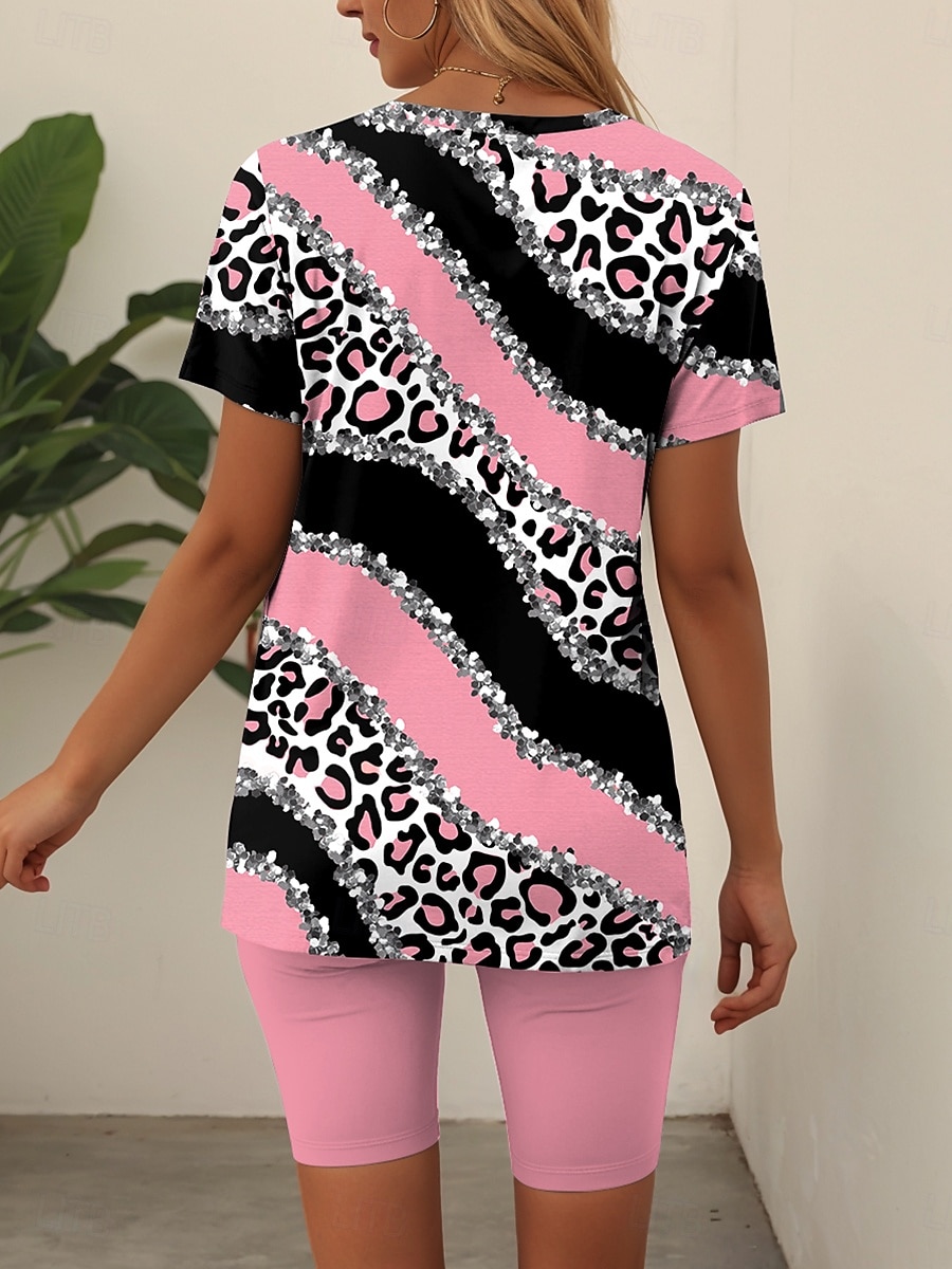 Ensembles de mode pour femmes en 2 pièces t-shirt et shorts manches courtes col en V impression graphique géométrique décontracté quotidien rose bleu vert été coupe régulière de 2025 ? $29.99 –P2