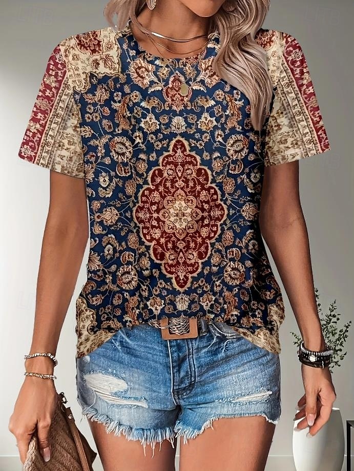 Pentru femei Tricou Floral Grafic Plante Boemia Epocă Έθνικ Manșon scurt Stil Nautic Topuri obișnuite Zilnic Ieșire Sfârșit de săptămână Imprimeu Negru Roz Îmbujorat Albastru Prăfuit Kaki Vară 2025 - $19.99 –P1