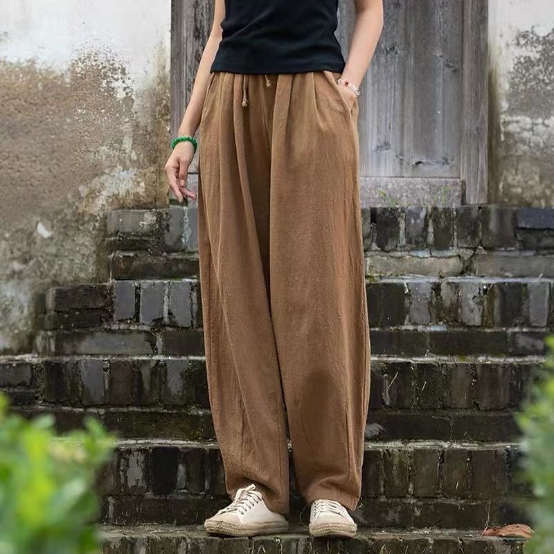 Femmes Pantalon en coton et lin Slacks Streetwear Occasionnel Longueur complète Naturel Uni Avec Poches Conception à cordon élastique Confortable Vacances Rue Abricot Noir Marine foncé Café Été Coupe de 2025 ? $22.99 –P1