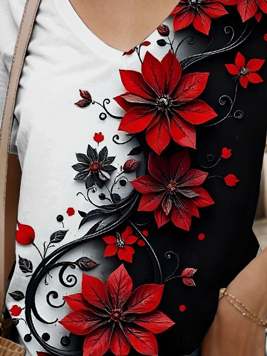 Femmes T-shirt Fleuri Graphique ancien Élégant Moderne Manche Courte Col en V Hauts Réguliers Quotidien Imprimé Jaune Rouge Bleu Violet Vert Été de 2025 ? $19.99 –P3