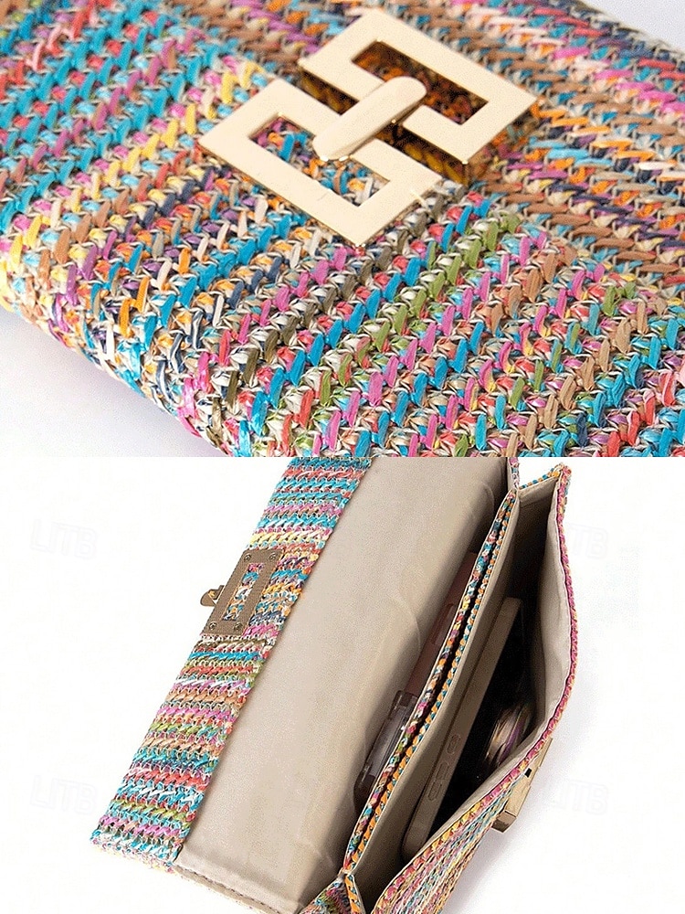 Damen-Umhängetasche aus gewebtem Stroh mit goldenem Kettenriemen – elegante Sommer-Clutch für Strand-, Urlaubs- und Resort-Outfits 2025 - $19.99 –P10