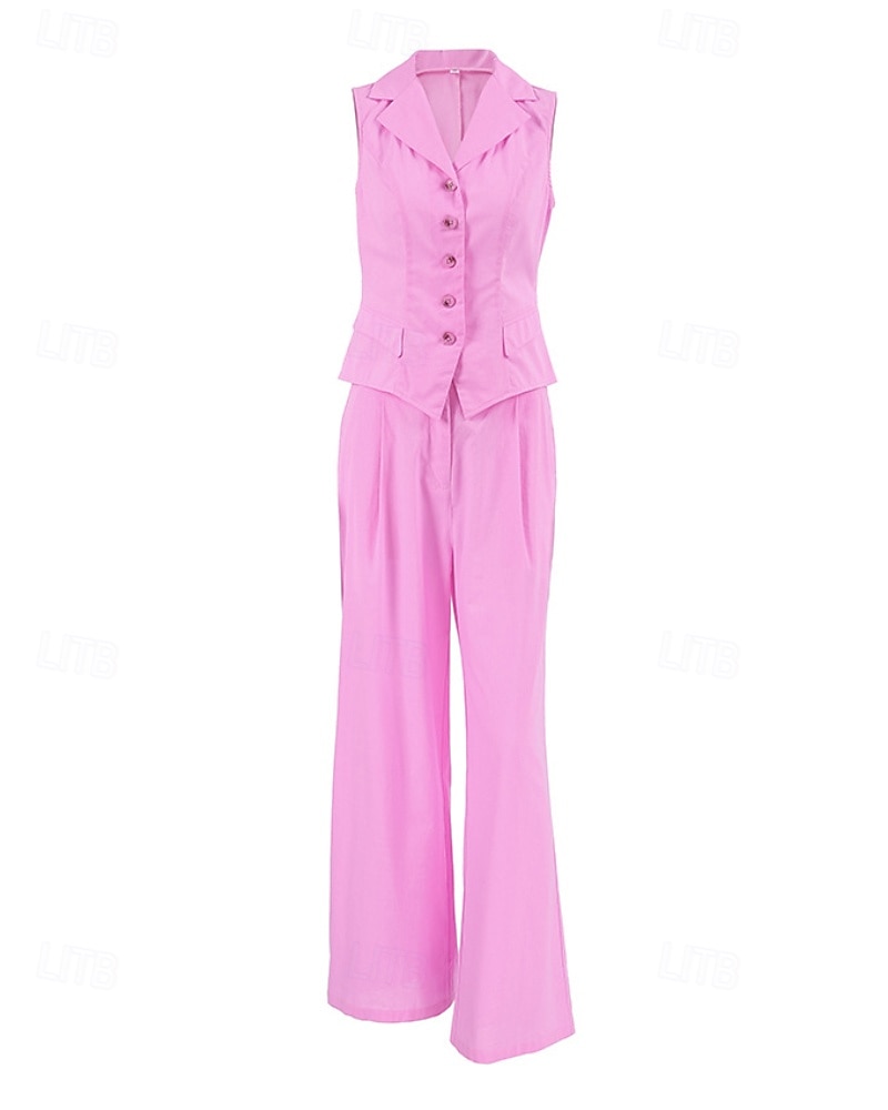 Women's Active Basic Cotton Linen Sets Vest Pants Sets Sleeveless Shirt Collar Solid Color Dubbele Rij Knopen Outdoor Date Pink Blue Summer Regular Fit 2025 - $36.99 –P3
