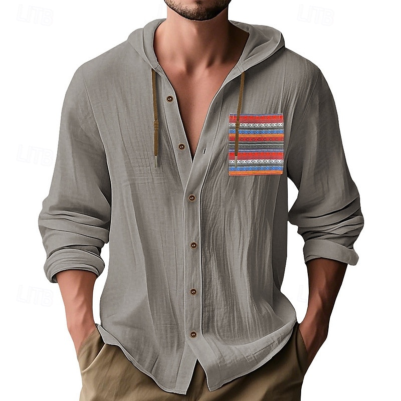 Men's Shirt Linen Shirt Summer Shirt Beach Shirt Button Up Shirt Hooded Shirt Plain Vacation Daily Wear Black White Sky Blue Khaki Long Sleeve Hooded Summer Clothing Apparel Patchwork 2025 - $22.99 –P9