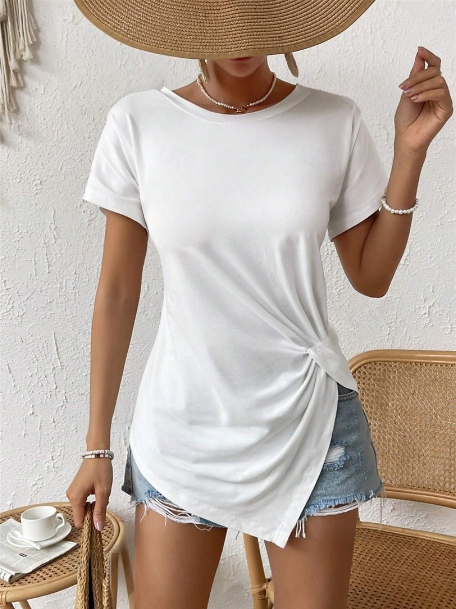 T-shirt femme de couleur unie Uni Mode Classique Décontracté Manches courtes Col rond Hauts réguliers Quotidien Week-end Asymétrique Noir Blanc Vert armée Bleu marine Été de 2025 ? $14.99 –P13
