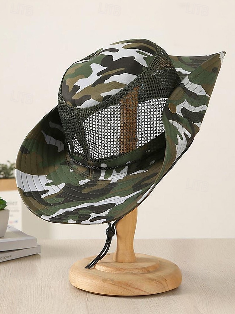 Herren-Sonnenhut aus Camouflage-Netzgewebe mit breiter Krempe und Kinnriemen – atmungsaktiver Outdoor-Wander- und Angelhut für Sommerreisen und Camping 2025 - $11.99 –P3