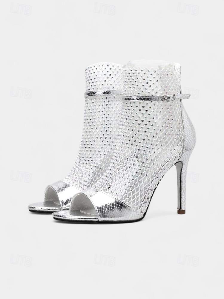 stilettsandaler i netting for kvinner – glitter høye hæler med åpen tå og ankelglidelås for natteliv, cocktailfester og glam-looks om kvelden 2025 - $54.99 –P1