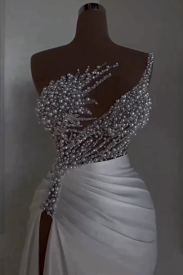 Meerjungfrau  Trompeten Abendkleid Elegantes Kleid Karneval Maskerade Bodenlänglich Ärmellos Schulterfrei Satin mit Perlen Überrock 2025 - $199.99 –P1