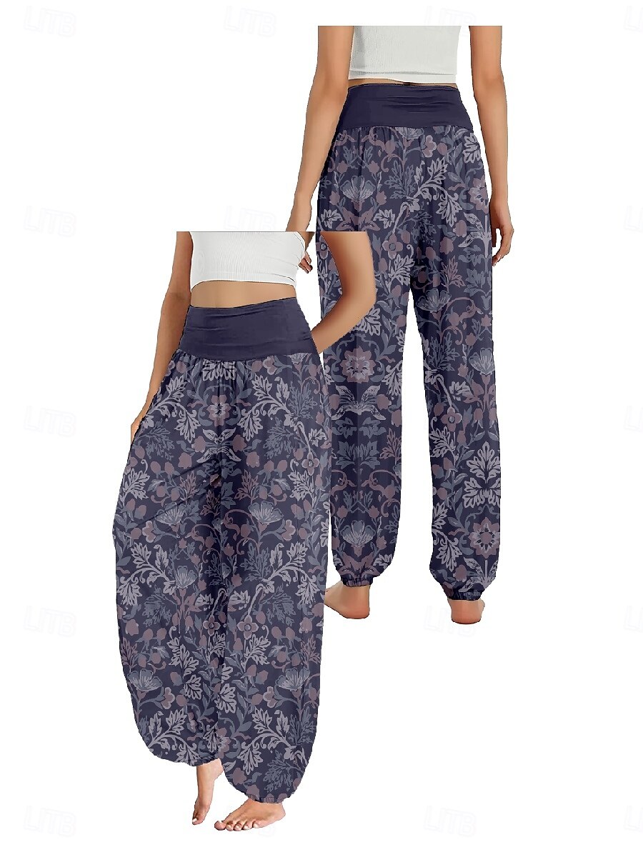 Dam Linneinspirerade byxor Brett skaft Byxor Etnisk Stil Ledigt Boho Fullängd Hög midja Blommig Löv Tropisk Ficka Elastisk midja Tryck Mateial som andas Mjuk Microelastisk Utomhus Yoga Svart Mörklila 2025 - $21.99 –P2