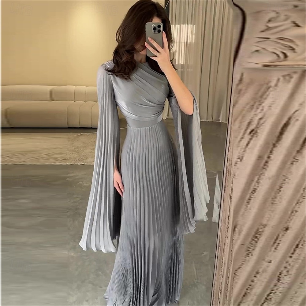 A-Linjet Quinceanera Kjoler Elegant Kjole Formell Bryllup Gulvlengde Lange Ermer Høy Hals Polyester med Folder 2025 - $79.99 –P6