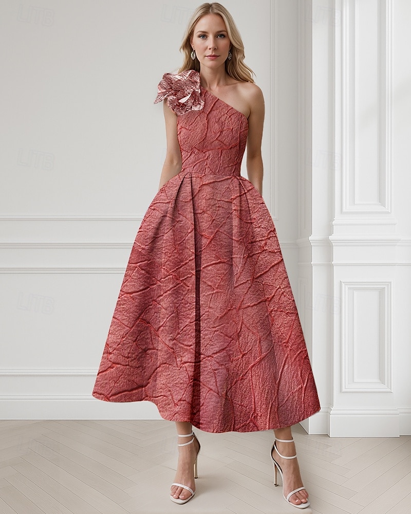 Roze A-Lijn Cocktailjurken Elegante Jurk Formele Bruiloft Enkellengte Mouwloos Eén Schouder Nylon met Zak Schouderbloem Bruiloft Gast Jurk 2025 - $154.99 –P3