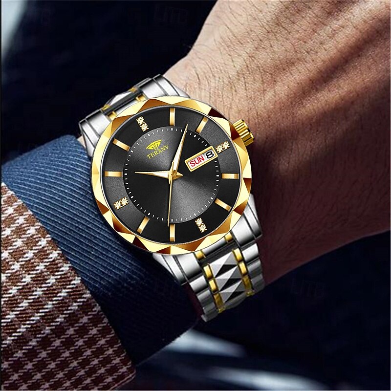 teranv-merkkinen muodikas miesten kvartsikello, jossa rombikuvioinen IPX7-vedenpitävä kaksoiskalenteri, valoisa teräsnauhakello, yrityskäyttöön 2025 - $12.99 –P9