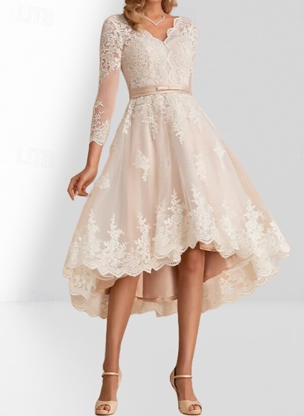 Abiti Piccole Spose Bianchi Abiti da Matrimonio A-Line Collo a V Manica 3/4 Asimmetrico Satin Abiti Sposa con Sash  Nastro Pieghe del 2025 a $155.99 –P3