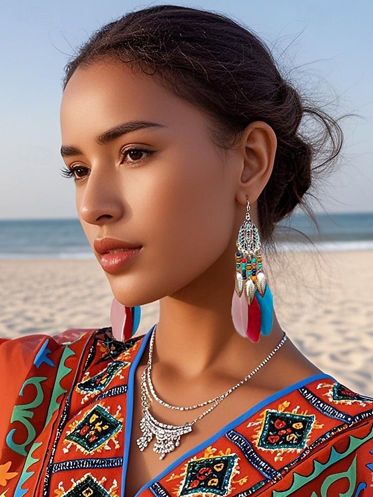 Bohemian Federohrringe mit bunten Perlen, Ethno-Stil für Frauen – perfekt für Sommerfeste, Freizeitausflüge und den Urlaub 2025 - $9.99 –P2