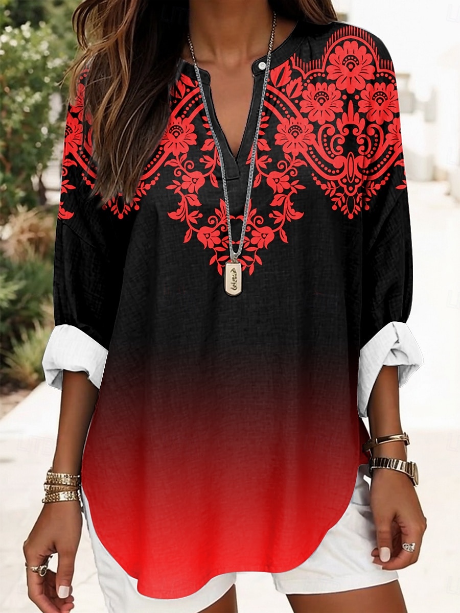 Női Boho Blúz Ombre Grafikai Geometrikus Elegáns Mindennapi Hosszú Ujjú V Nyak Normál Felsők Mindennapi Mintás Fehér Piros Kék Lila Nyár Tavasz 2025 - $24.99 –P5