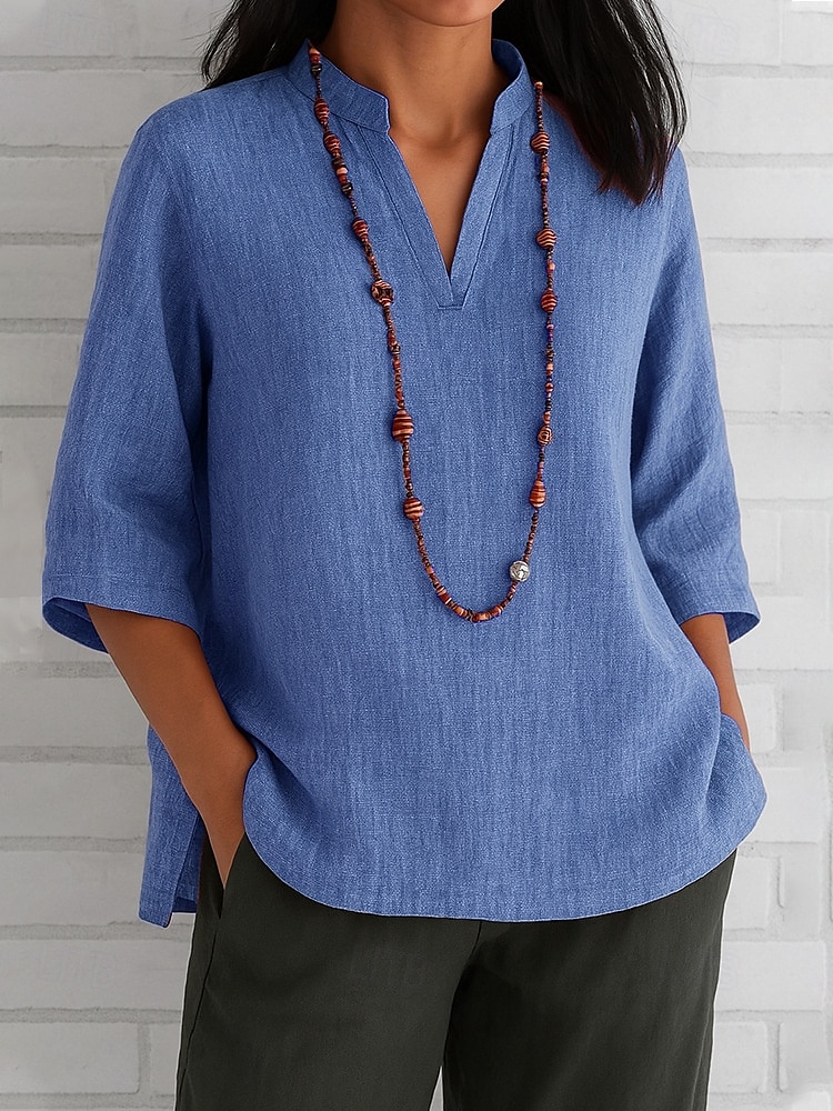 camicetta da donna in cotone e lino, tinta unita, elegante, vintage, alla moda, manica a 3/4, scollo a V, top normali, per tutti i giorni, per le vacanze, rosso, blu, verde, kaki, estate, primavera del 2025 a $22.99 –P4