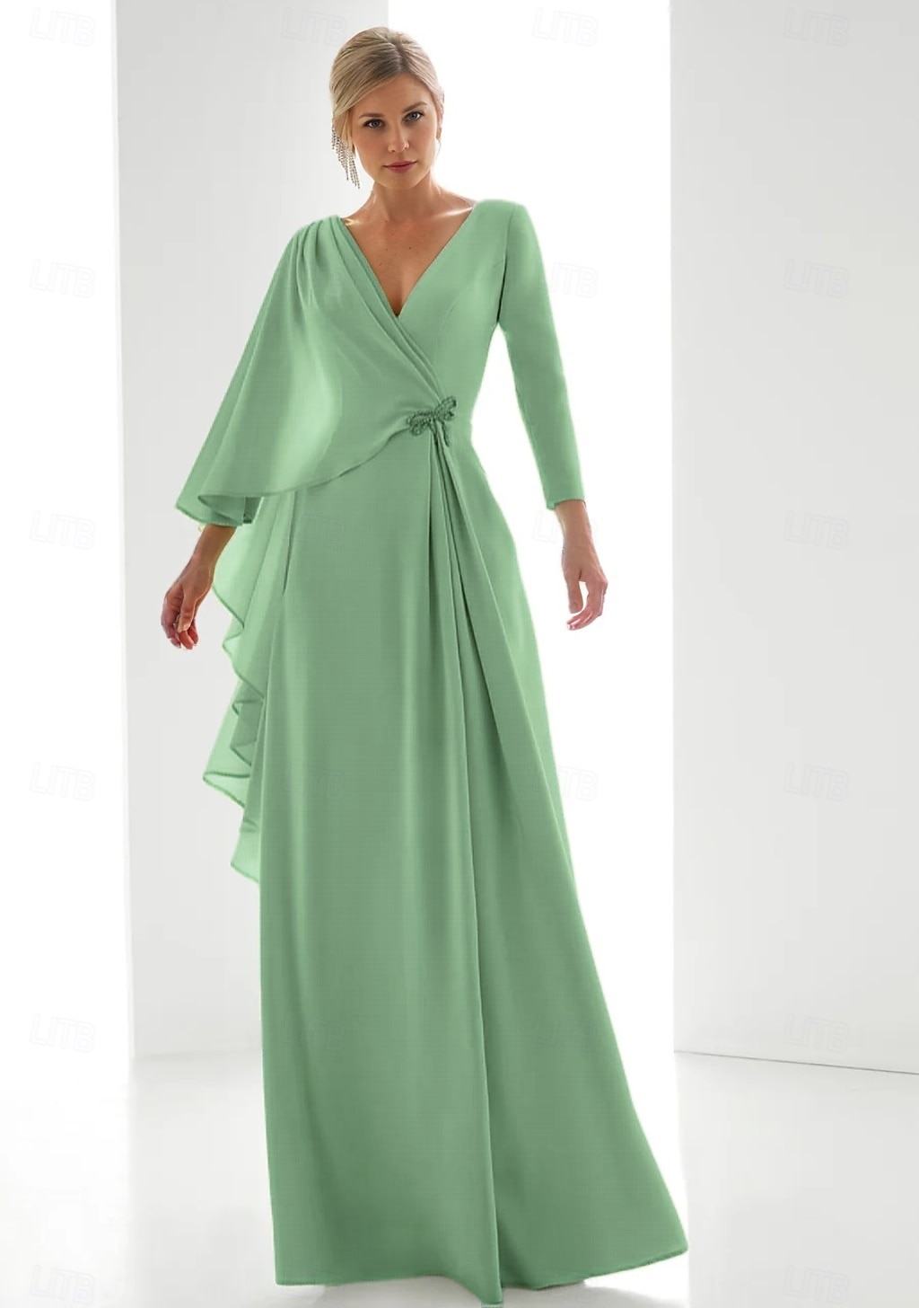 Grønn Chiffon A-Line Kveldsdrakt Elegant Bryllupsgjestekjole Formell Gulvlengde Langermet V-Hals med Splitt 2025 - $144.99 –P3