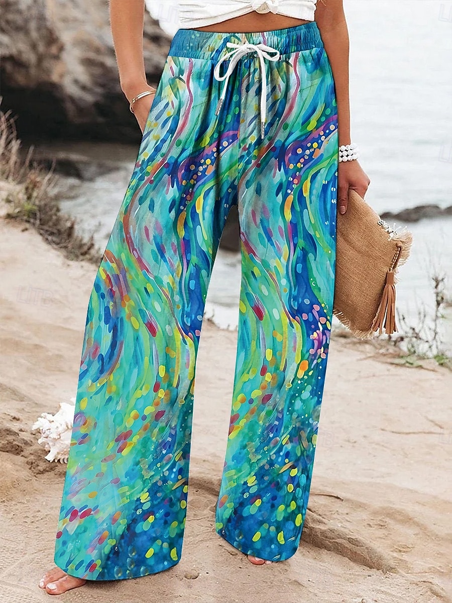 Mulheres Perna larga chinês Calças largas Férias Vintage Moda Comprimento total Cintura Alta Gráfico Geométrica Abstrato Estampado Micro-Elástica Formal Férias Rua Rubi Vermelho Verão Primavera Normal de 2025 por $24.99 –P1