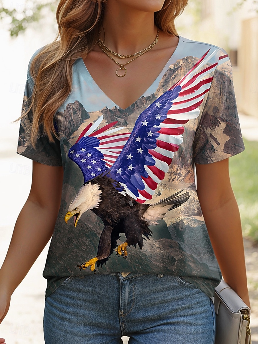 Mujer Camiseta Estampado Graphic Animal Bandera estadounidense Vintage Elegante Clásico Manga Corta Escote en Pico Tops regulares Diario Fin de semana Azul Piscina Verano Primavera 2026 - $21.99 –P1
