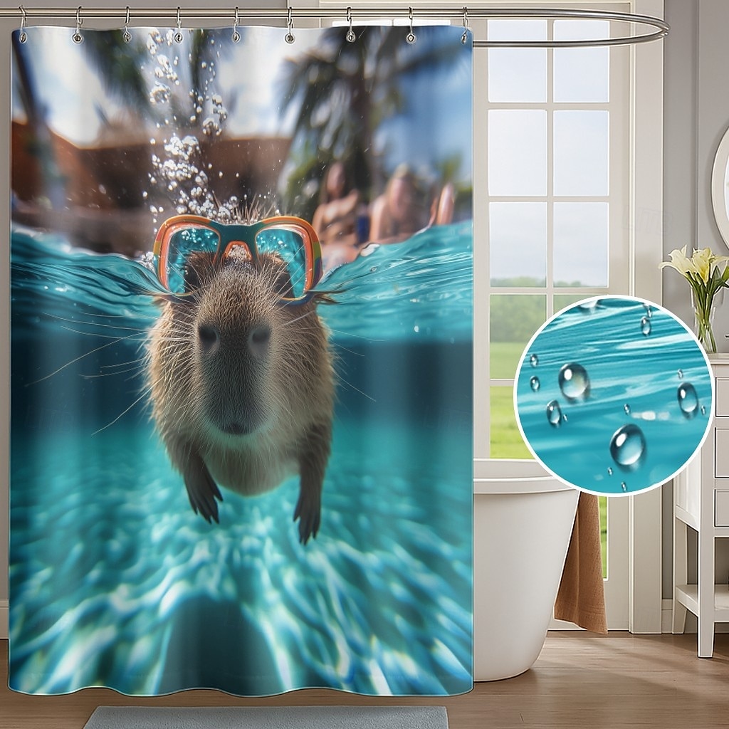 Duschdraperi med Krokar 180cm*180cm(70"*70") Polyester Tvättbar Vattentät Mönster Badrum Badkar Dekor Djur Capybara 2025 - $19.99 –P1