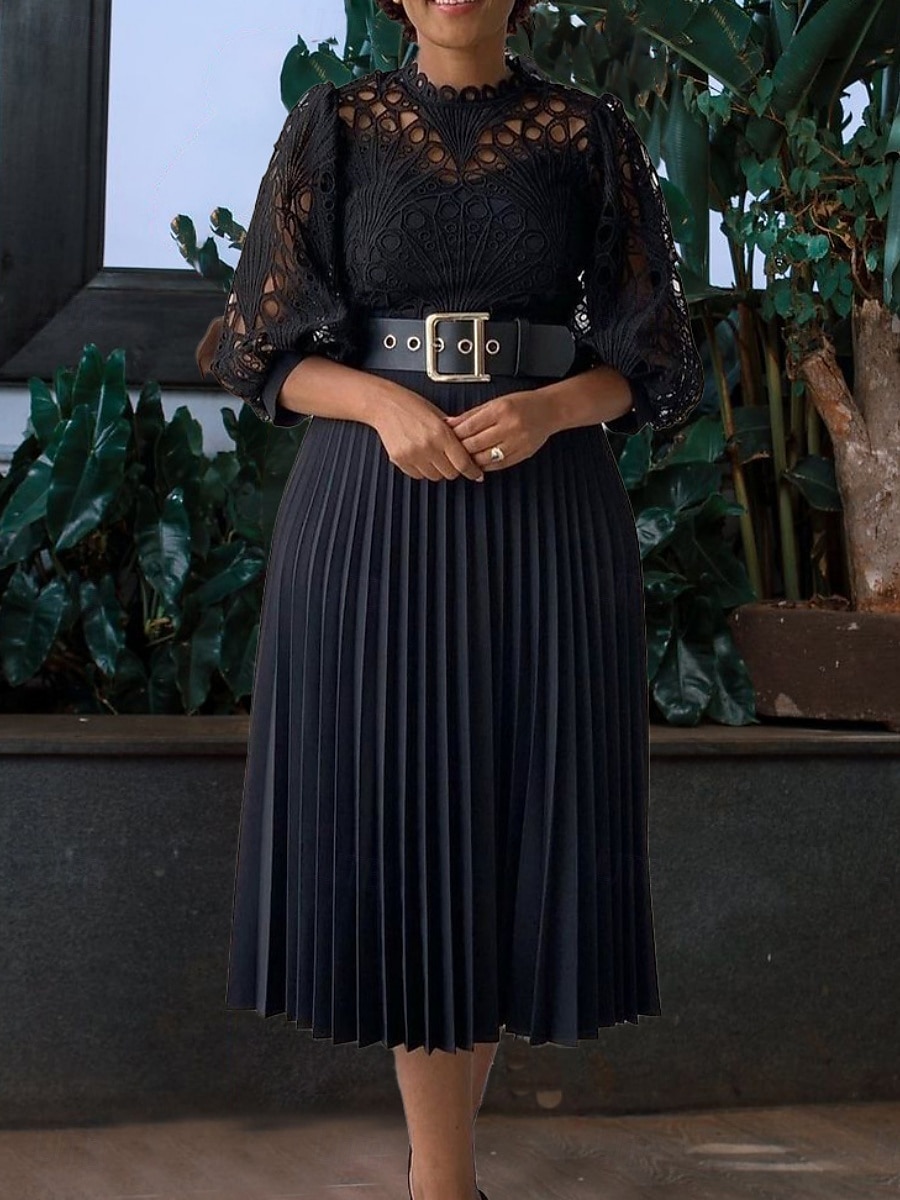 Femmes Robe Midi Robe trapèze Robe Plissée Fête cocktail Robes semi-formelles Soirée Coupe régulière Couleur Unie manche longue Col montant Noir Blanche Rose Claire Été Printemps de 2025 ? $51.99 –P11