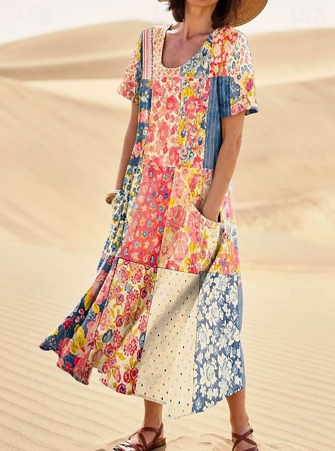Per donna Abito maxi Abito a Tubino Abito a trapezio Vacanza Casual Boho Uscire Vestibilità standard Floreale Grafico Senza Maniche Collo a U Bianco Rosso Blu Arancione Estate Primavera del 2025 a $29.99 –P1