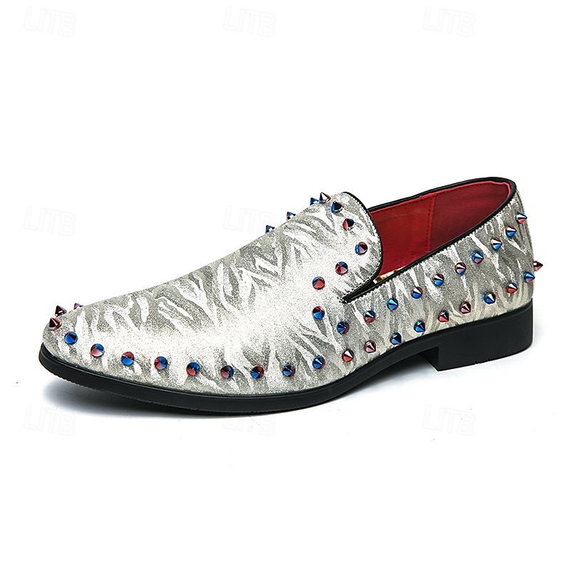 Herren-Loafer aus weißem strukturiertem Satin mit bunten Nieten – modische Ballschuhe für Abschlussfeiern und besondere Anlässe 2025 - $46.99 –P2