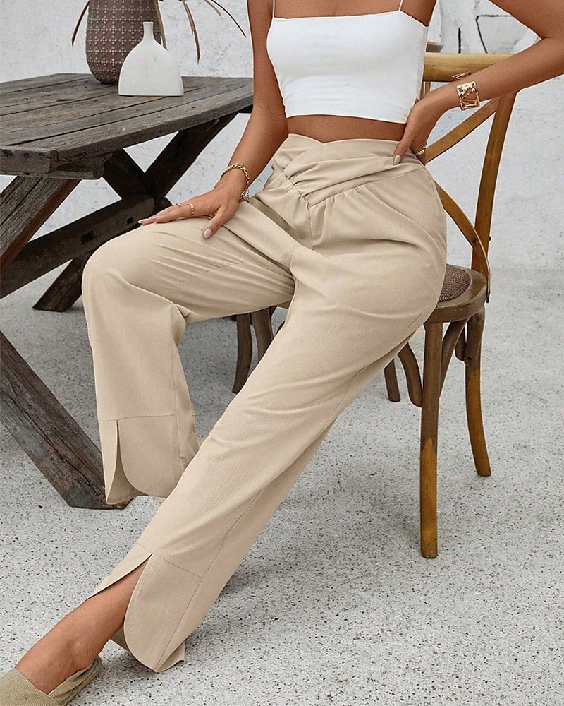 Women's Pants Trousers Palazzo Pants Fashion Streetwear Comfort Full Length Mid Waist Plain Elastic Waist Split Comfy Comfortable Street Daily Wear Going out Khaki Summer Spring Regular Fit 2025 - $19.99 –P2