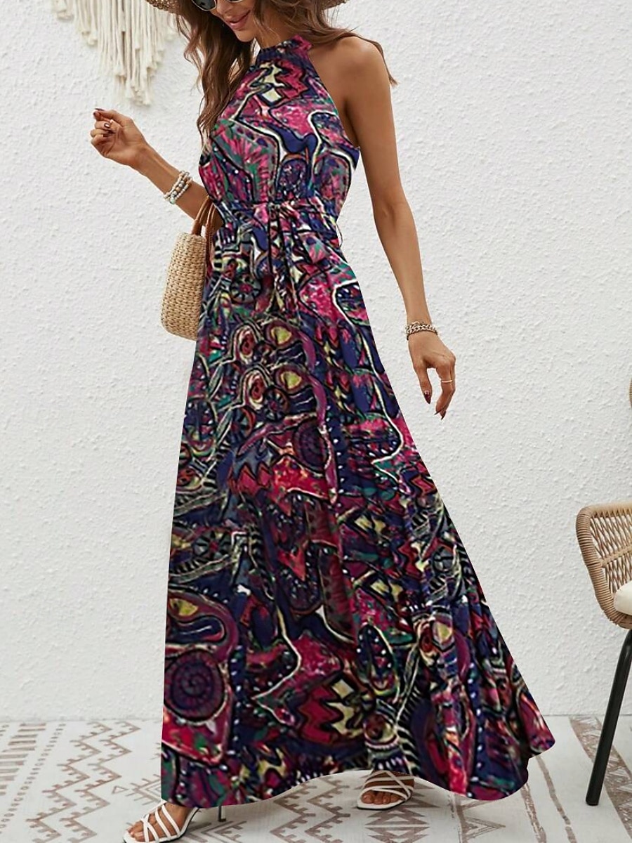 Dam Maxiklänning A linjeklänning Off Shoulder Klänning Semester Ledigt Boho Utomhus Utekväll Normal Grafisk Paisley Ärmlös Halterneck Blå Purpur Brun Aprikos Sommar 2025 - $29.99 –P14