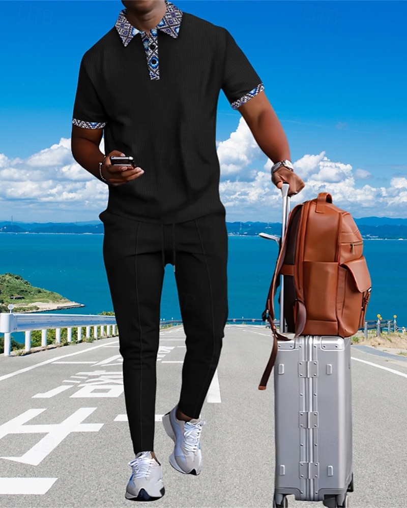 Voor heren Wafel Shirt T-shirt past Shirt- en broeksets 2 stuks outfits Korte mouw Revers Zomer Kleurenblok Modieus Casual Lapwerk 2-stuks Vakantie Alledaagse kleding Uitgaan Zwart Wit Koningsblauw 2025 - $40.99 –P20