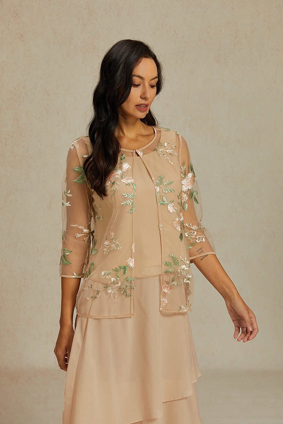 Dámské Šifonové topy Krajka Výšivka Květinový Elegantní stylové Základní 3/4 délka rukávu Tričkový Běžné topy Meruňková Léto 2026 - $28.99 –P1